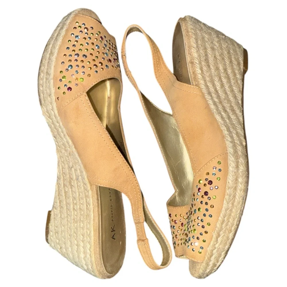Anne Klein Polara‎ Tan Leather Slingback Wedge Espadrilles 7M Rhinestone Sandals